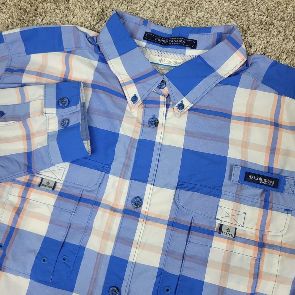 Columbia PFG Super Bahama Mens XL Blue White Plaid Vented Button Down LS